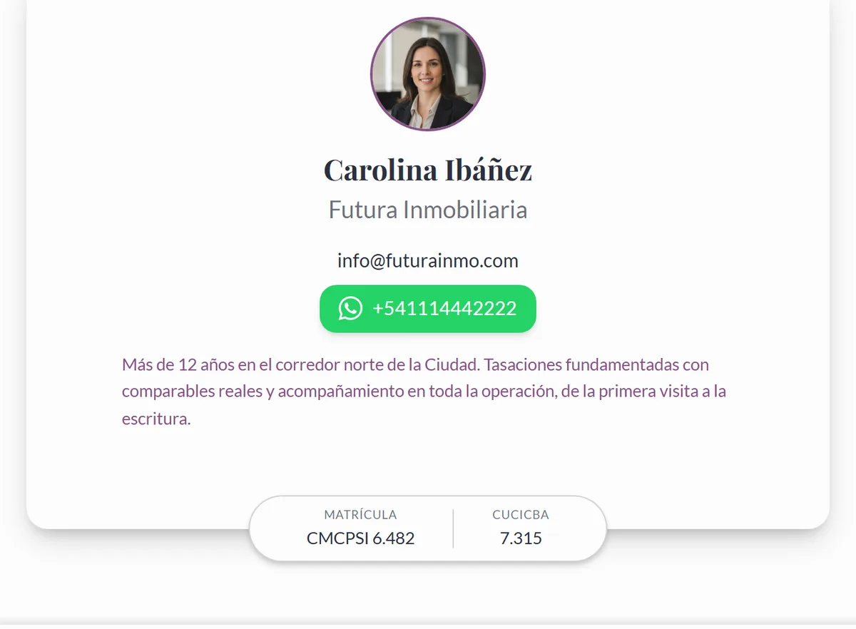 Tarjeta del asesor al pie del catálogo: foto, nombre, inmobiliaria, correo, botón de WhatsApp y matrícula
