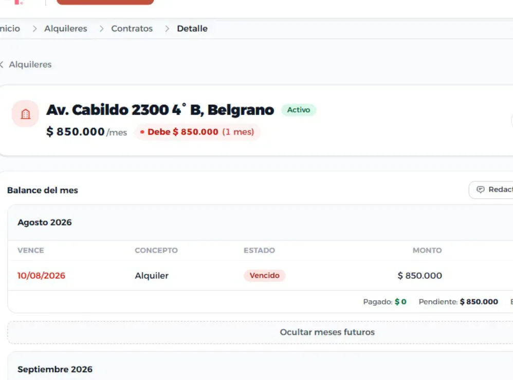 Ficha de un contrato de alquiler con el balance del mes: vencimiento, concepto, estado vencido, monto pendiente y el botón para registrar el pago