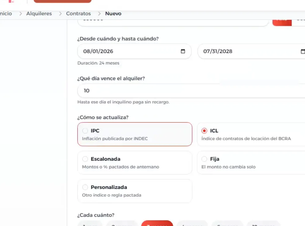 Paso de condiciones del contrato: fechas, día de vencimiento y las cinco formas de actualizar el alquiler: IPC, ICL, escalonada, fija y personalizada