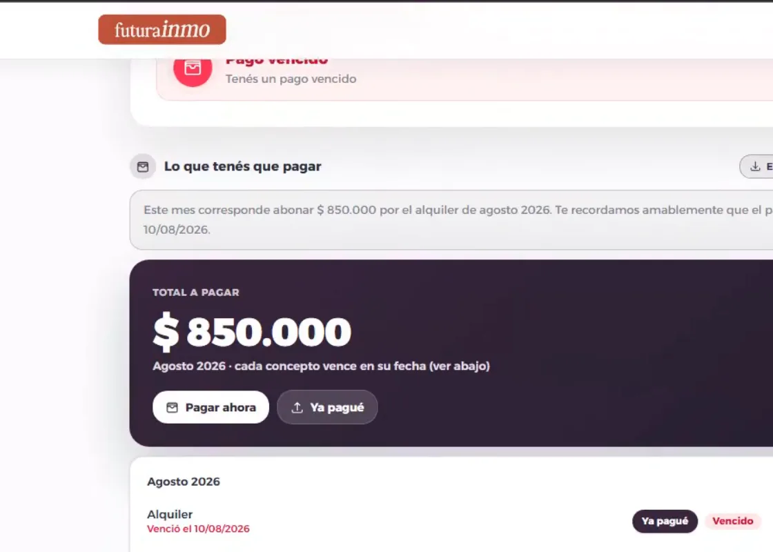 Portal del inquilino con la marca de la inmobiliaria: total a pagar del mes, botones «Pagar ahora» y «Ya pagué», el detalle del alquiler vencido y la opción de informar un gasto extra