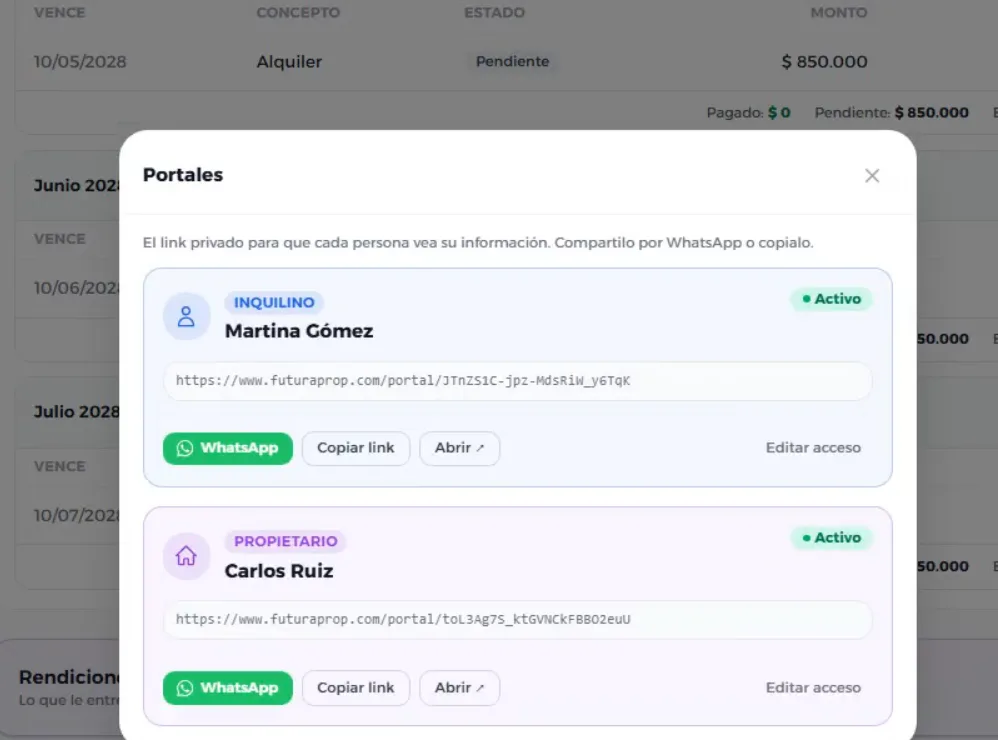 Pantalla «Portales» del contrato: links privados para la inquilina y el propietario, con botones de WhatsApp, copiar link y abrir
