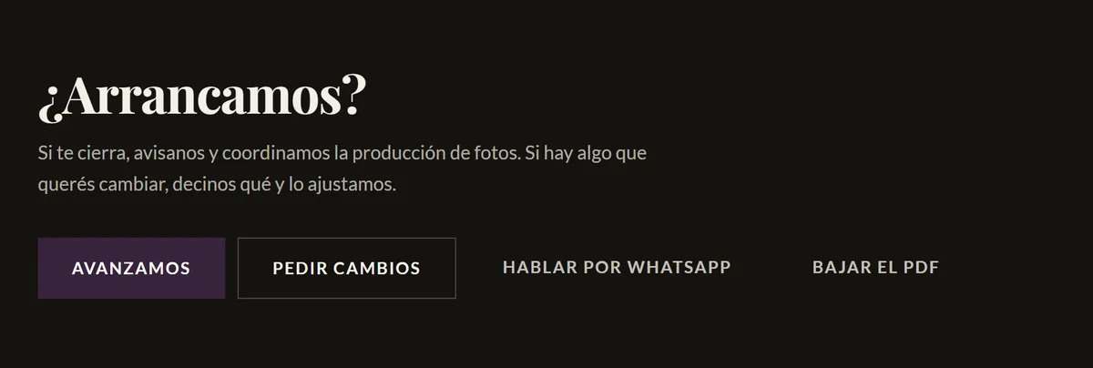 Cierre del plan de venta con el título «¿Arrancamos?» y los botones Avanzamos, Pedir cambios, Hablar por WhatsApp y Bajar el PDF