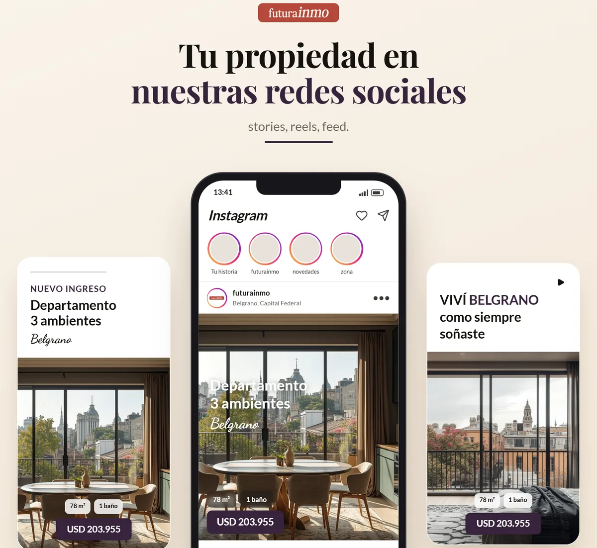 Sección «Tu propiedad en nuestras redes sociales» del plan de venta: el departamento del propietario montado en un posteo de Instagram, una story de nuevo ingreso y un reel