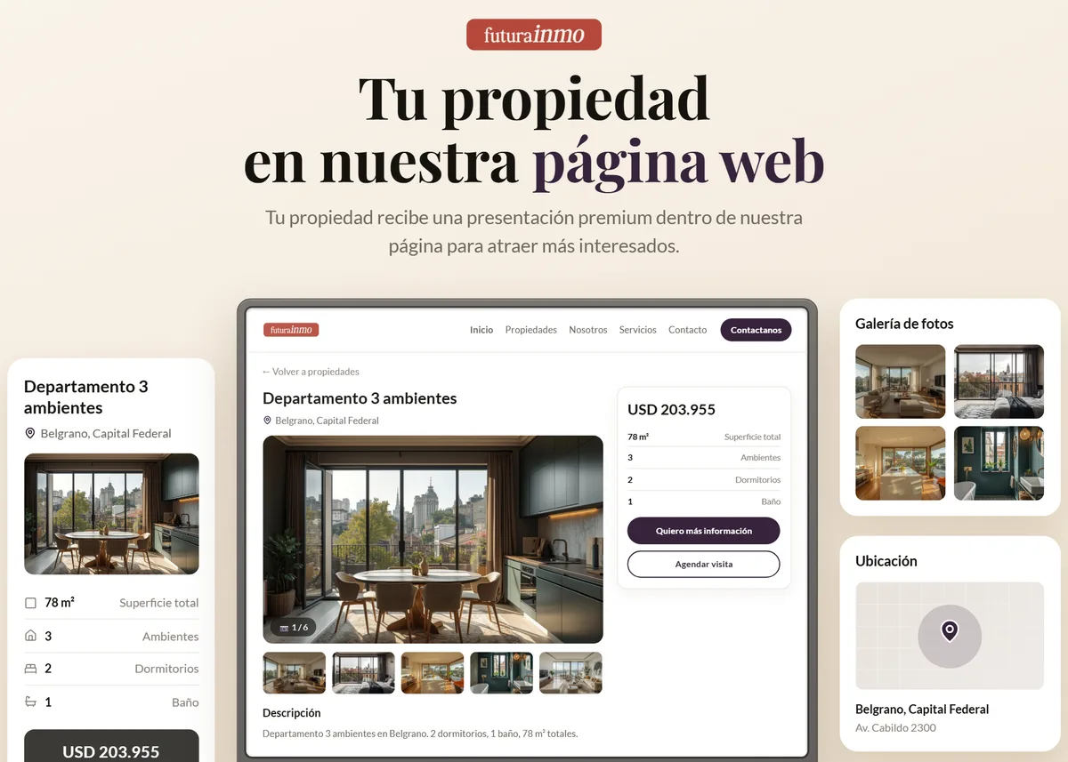 Sección «Tu propiedad en nuestra página web» del plan de venta: la ficha del departamento en el sitio de la inmobiliaria, con galería, datos, ubicación y botones de contacto