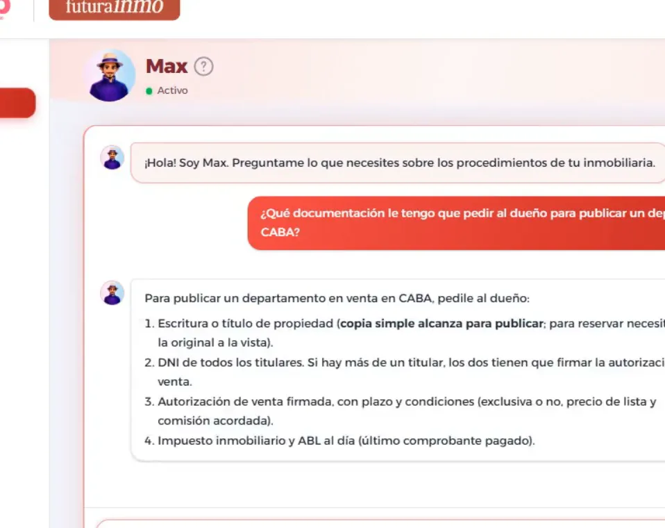 El asistente interno respondiendo la pregunta sobre qué documentación pedirle al dueño para publicar un departamento en venta en CABA, con una lista numerada
