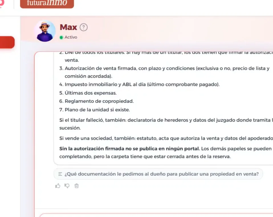 Respuesta completa del asistente interno con la lista de documentos, los casos especiales (sucesión, sociedad) y los botones de valoración de la respuesta
