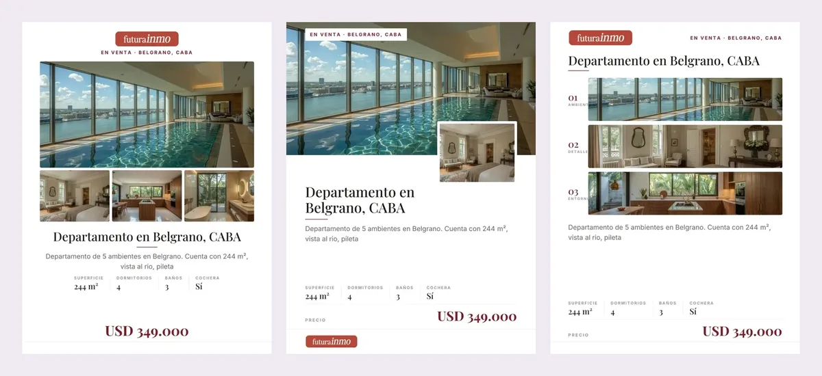 Tres flyers de la misma propiedad, un departamento en Belgrano, en tres diseños distintos con el logo y el color de la inmobiliaria