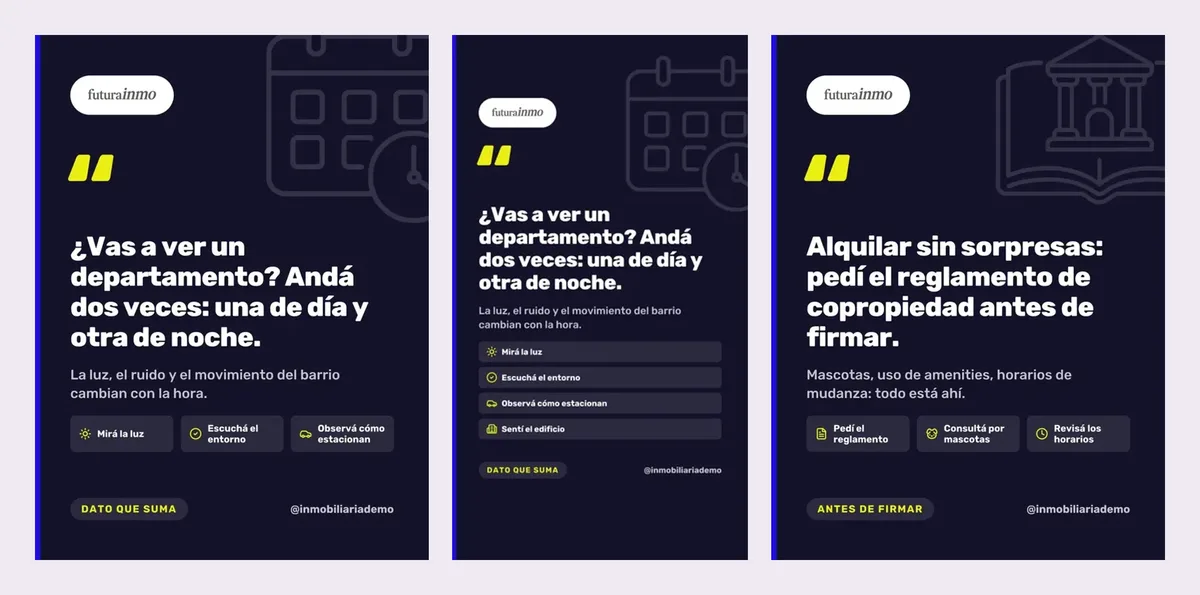 Tres posteos del día de la inmobiliaria de ejemplo: dos en formato feed y uno en story, con consejos para compradores e inquilinos y el logo de la inmobiliaria