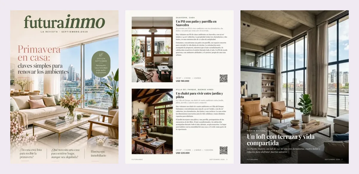 Tapa e interiores de la revista digital de la inmobiliaria de ejemplo: la tapa con su logo y dos páginas con propiedades