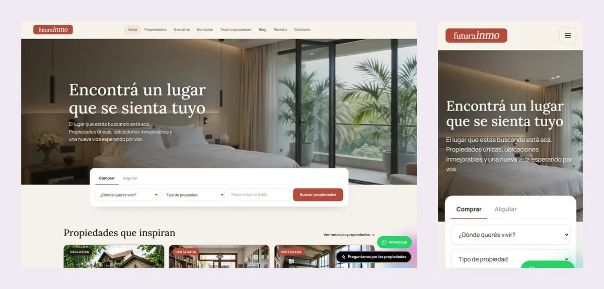 El sitio web de la inmobiliaria de ejemplo en computadora y en celular, con el mismo logo, la misma paleta y el buscador de propiedades